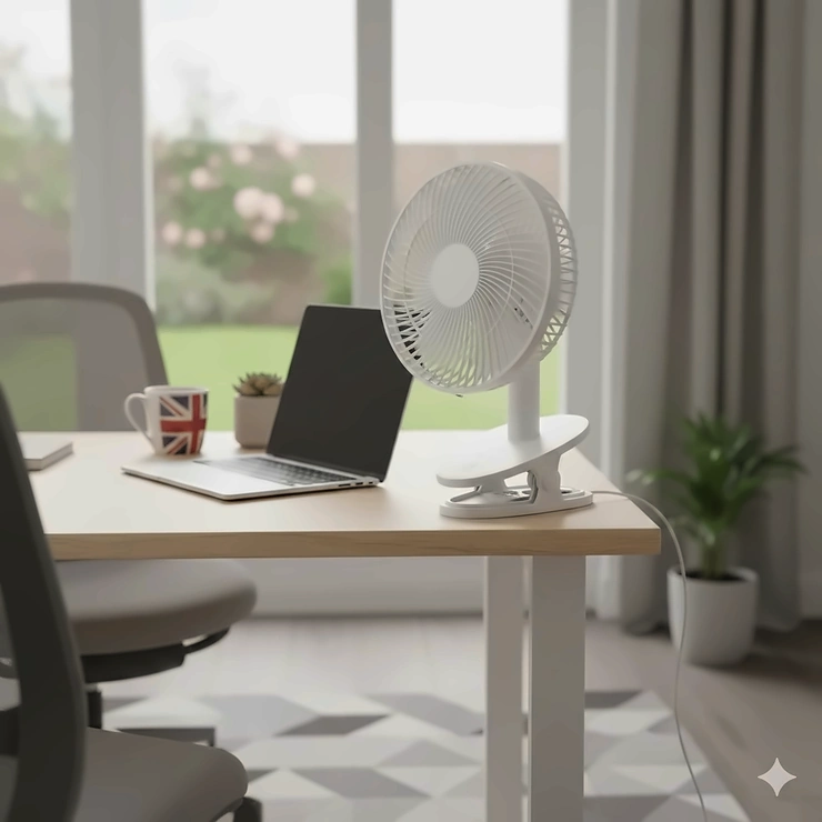 A white electric clip-on fan attached to a wooden desk in a bright home office, providing a cooling breeze during a UK heatwave.