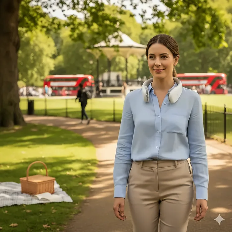A woman wearing a white bladeless rechargeable neck fan while walking through a sunny London park with red double-decker buses in the background. neck fan rechargeable