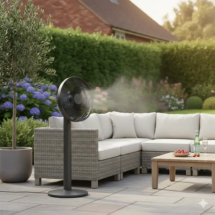 A powerful black outdoor pedestal fan cooling a paved patio area with garden furniture in a British backyard. outdoor pedestal fan