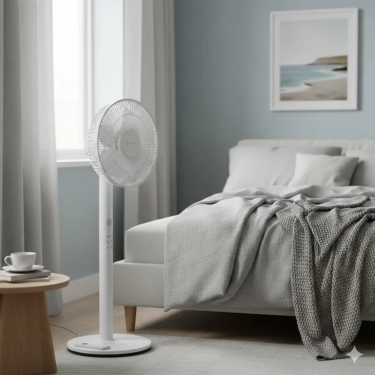 A sleek, white quiet pedestal fan for bedroom use, positioned next to a bed with neutral linens in a bright British home. quiet pedestal fan for bedroom