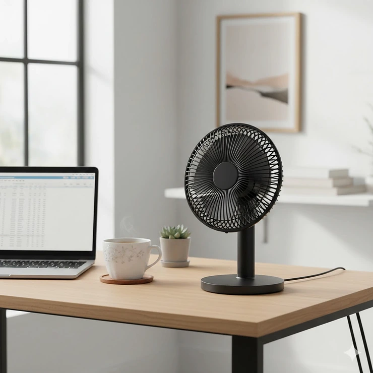 A sleek, matte black USB desk fan running quietly on a wooden office desk next to a laptop and a steaming cup of tea in a bright British home office. usb desk fan quiet