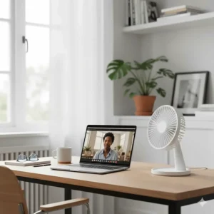 A compact white bladeless desk fan positioned next to a laptop and a mug of tea in a bright British home office.