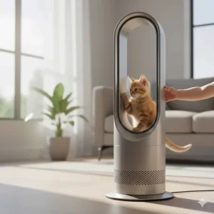 A ginger kitten sitting safely inside the aperture of a bladeless fan, demonstrating its pet and child-friendly design.