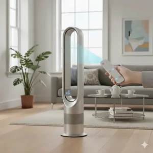 A hand using a remote control to operate a silver bladeless fan, with digital display icons showing timer and oscillation settings.