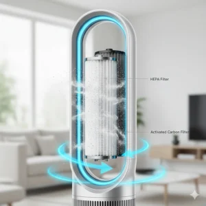A cutaway diagram of a bladeless fan showing the internal HEPA and activated carbon filters used for air purification.