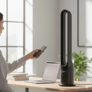 A hand holding a compact remote control pointing at a bladeless tower fan in a home office.
