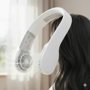 Detailed view of a bladeless rechargeable neck fan positioned near long hair to demonstrate the safe, tangle-free cooling design.