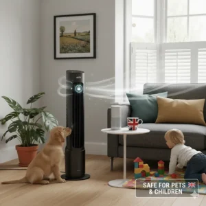 A bladeless smart tower fan design, showing it is safe for pets and children in a family household.