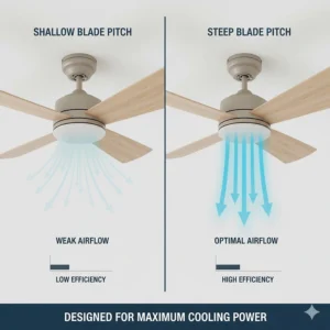 Technical drawing explaining how the angle of ceiling fan blades affects airflow and cooling performance.