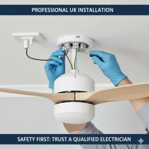 Illustration of a ceiling fan being safely wired into a UK standard rose light fitting by an electrician.