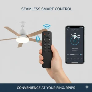 Close-up of a handheld remote control and smartphone app used to operate a smart ceiling fan.