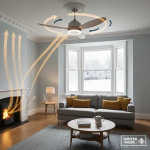 Illustration of the reverse function on a ceiling fan with light used to recirculate warm air during the UK winter months.
