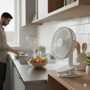 A compact black clip-on fan mounted on a kitchen shelf to improve air circulation while cooking.