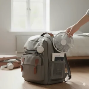 Foldable battery powered desk fan rechargeable battery type being packed into a travel bag.