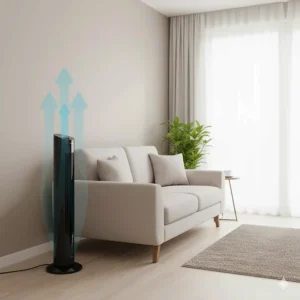 A slimline tower fan tucked into the corner of a small UK flat to demonstrate space-saving benefits.
