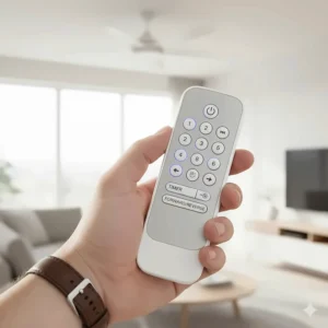 A hand holding a slim white remote control for a DC motor fan, showing various speed settings, timer functions, and a forward-reverse button.