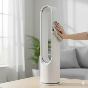 A person using a soft microfibre cloth to easily wipe down the smooth, blade-free surface of a white bladeless fan.