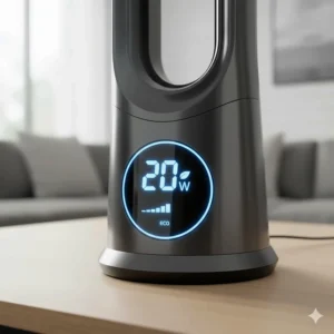 Close-up of a digital display on an affordable bladeless fan showing low energy consumption settings.