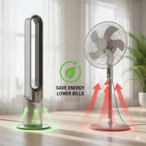 A comparison graphic showing a 15W bladeless fan versus a 50W traditional pedestal fan to highlight lower energy bills.