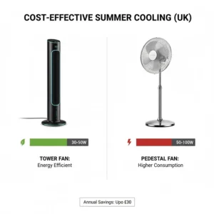 An infographic icon comparing the energy consumption of tower fans and pedestal fans for cost-effective summer cooling.