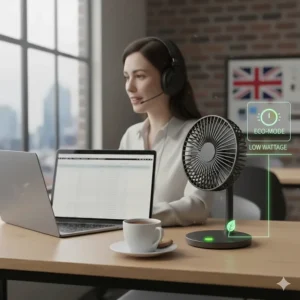 An eco-friendly desk fan for office use with a low-wattage motor to save energy.