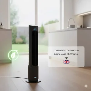 Illustration showing the low energy consumption of the smart fan, relevant for UK electricity price awareness.