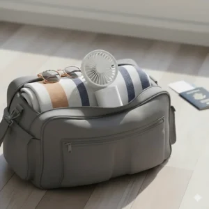 A compact foldable rechargeable fan being placed into a small travel bag for a summer holiday.