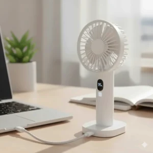 An illustration of a handheld fan featuring a digital LED display showing the remaining battery percentage.