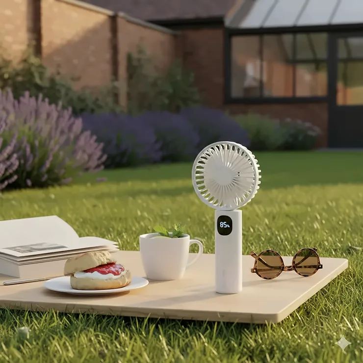 A white rechargeable handheld fan being used outdoors in a sunlit garden next to a scone with jam and cream. handheld fan rechargeable