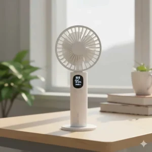 A diagram showing the different wind speed settings available on a handheld fan for adjustable cooling.