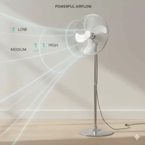 Illustration showing the powerful airflow reach of a high velocity pedestal fan with three speed settings.