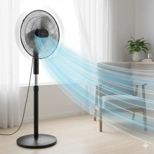 A wide-angle view of a pedestal fan illustrating powerful oscillation and airflow coverage for large living spaces.