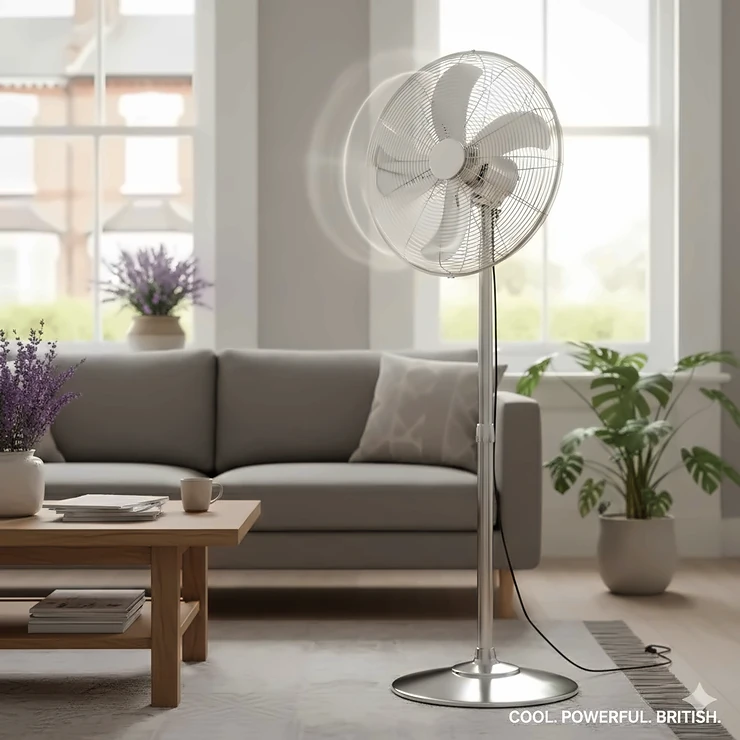 High velocity pedestal fan in polished chrome, ideal for cooling large UK living rooms or home offices. high velocity pedestal fan