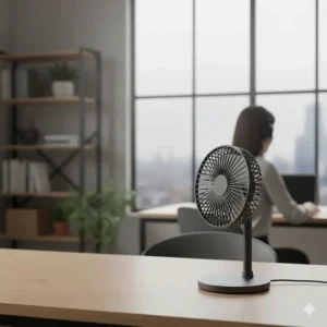 A professional desk fan for office setups in a bright UK home office near a window.