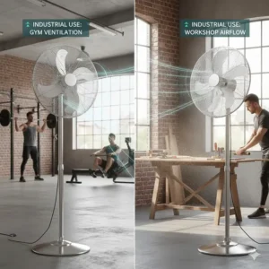 Illustration of a heavy-duty industrial pedestal fan used for ventilation in a UK gym or workshop.