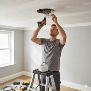 Close-up illustration of a flush-mount ceiling fan bracket being fixed to a standard UK ceiling joist.