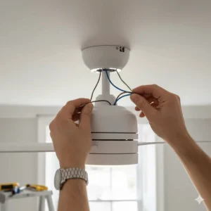 Close-up of a smart ceiling fan being installed into a standard UK ceiling rose fitting.