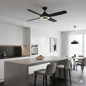 Sleek black ceiling fan with light positioned over a breakfast bar in a contemporary UK kitchen-diner.