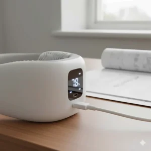 Close-up of a white rechargeable neck fan on a wooden desk, showing the USB-C charging cable and digital battery percentage display.