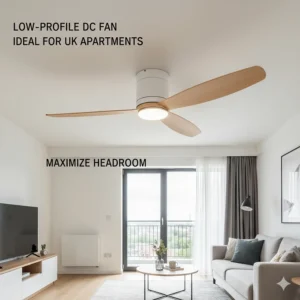 A low-profile white DC motor ceiling fan fitted to a standard height ceiling in a modern UK apartment to maximise headroom and space.