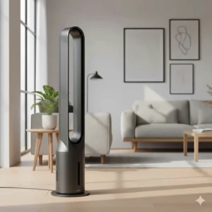 A charcoal grey bladeless fan with a minimalist design that fits contemporary British interior decor.