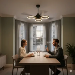 A sleek smart ceiling fan with integrated LED lighting over a wooden dining table in a UK home.