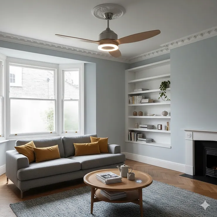 A modern brushed chrome ceiling fan with integrated LED light installed in a classic British living room with a bay window and high ceilings. ceiling fan with light uk