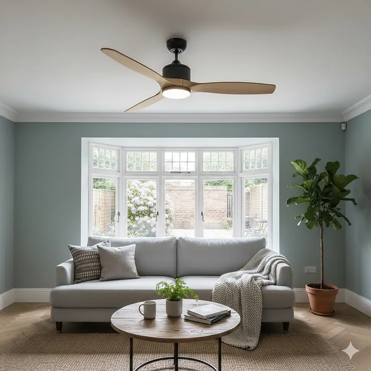 Modern three-blade wood effect ceiling fan with integrated LED light fitted in a contemporary British lounge. ceiling fans