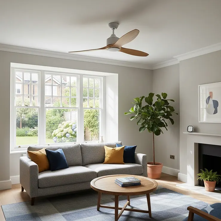 A sleek, modern DC motor ceiling fan with wooden blades installed in a contemporary British living room featuring natural light and a fireplace. dc motor ceiling fan