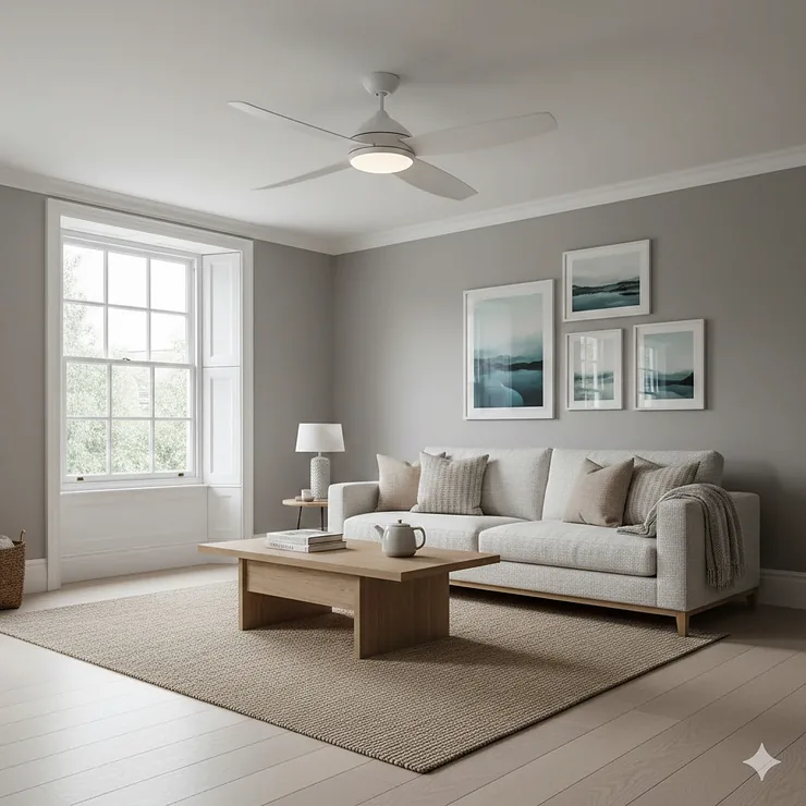 A modern white low-profile ceiling fan installed in a contemporary UK living room with a low ceiling. ceiling fan for low ceilings