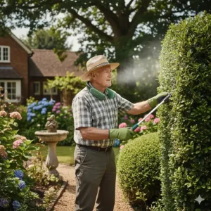 An elderly British man wearing a green rechargeable neck fan while using shears to trim hedges in a lush domestic garden.