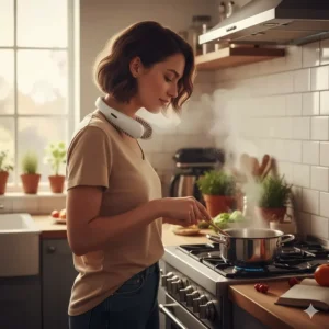 A woman wearing a rechargeable neck fan to keep cool while cooking at a gas hob in a classic British-style kitchen.