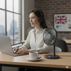 An oscillating desk fan providing wide-angle airflow across a professional workspace.