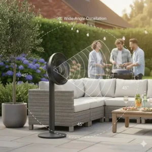 Diagram showing the wide-angle oscillation path of an outdoor pedestal fan for maximum airflow coverage.